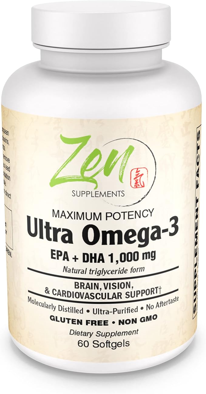 Zen Supplements Ultra Omega-3 Supplement 1250 mg Fish Oil with 687 mg EPA &amp 313 mg DHA (60)