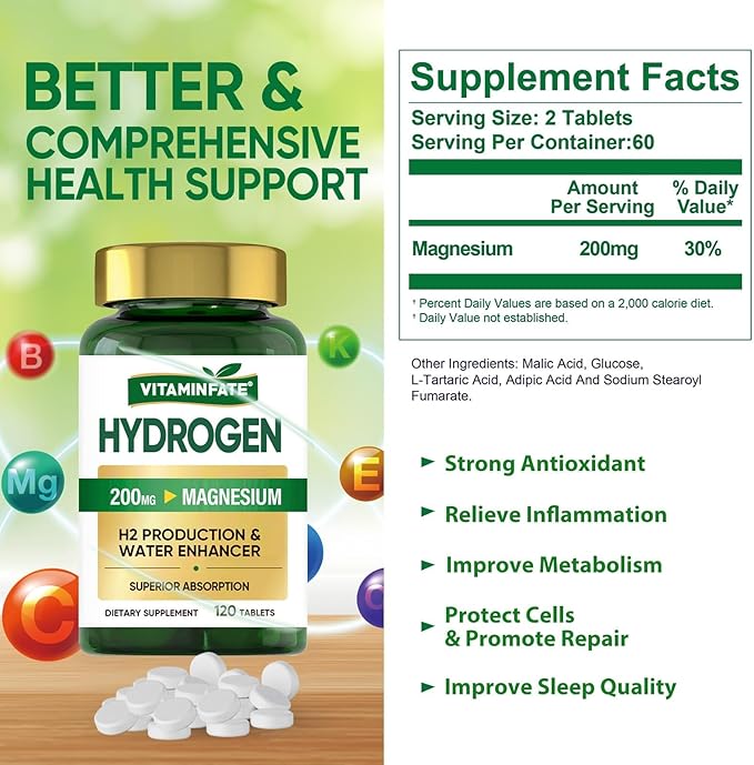 Hydrogen Water Tablets with Magnesium &amp Electrolytes 120 Tablets | H2 Molecular Hydrogen Supplement to Support Energy Brain Health Metabolism &amp Healthy Aging