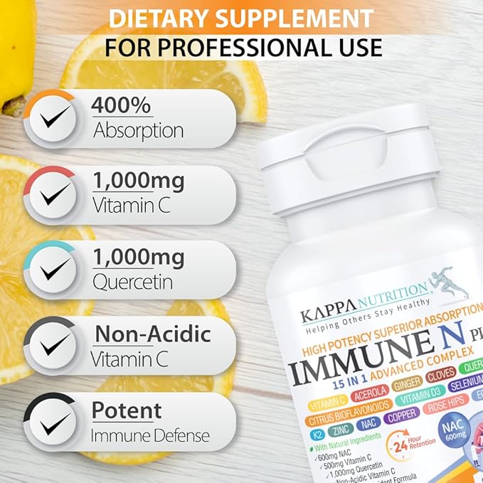 (90 Capsules) NAC 600mg Quercetin 1000mg Vitamin C 500mg Zinc 50mg Vitamin D3 5000iu Selenium Copper Acerola Ginger Rutin Citrus Bioflavonoids Rose Hips Echinacea Immune N Plus 15 in 1