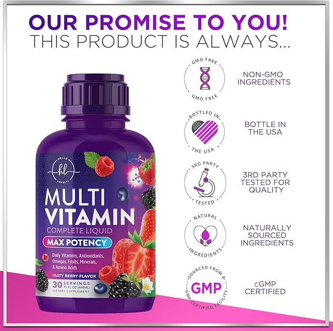 Liquid Multivitamin - Sugar Free Daily Multi Vitamin for Women Men &amp Kids Vitamins A C D B-12 Biotin &amp Zinc - Supports Faster Hair Growth &amp Skin Wrinkles Vegan Non-GMO Berry Flavo