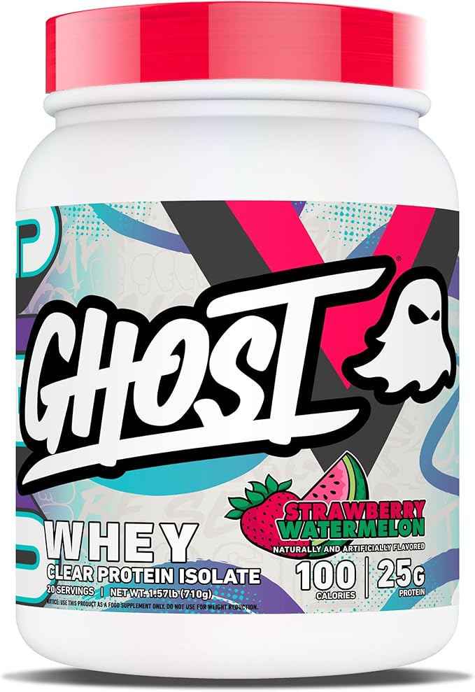 GHOST Clear Whey Isolate Protein Powder Strawberry Watermelon - 1.57 LB Tub 25G of Whey Protein - Post Workout Drink for Muscle Gain &amp Recovery – Sugar Free Soy Free &amp Zero Fat 20 Servings