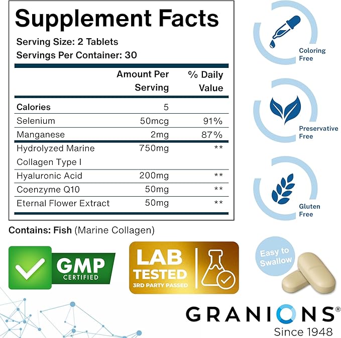 Marine Collagen Pills Complex – 200mg Hyaluronic Acid Supplement Coenzyme Q10 CoQ10 Hydrolyzed Marine Collagen Peptides Eternal Flower Hydration Age Defense Supplements - 60 Sealed Tablets