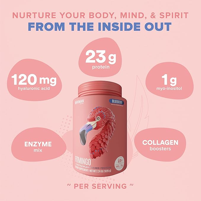 BIRDMAN Fitmingo Vegan Protein Powder with Inositol Collagen Boosters Hyaluronic Acid and Vitamins | Low Carb Dairy Free Lactose Free Low Calorie 23g Plant Based Blueberry Protein Powder