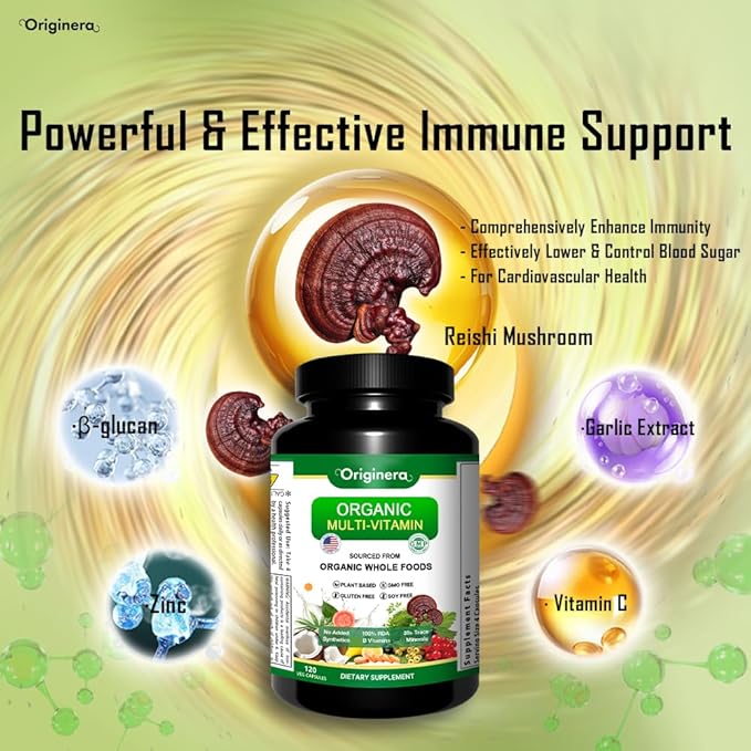 Organic Whole Foods Supplement Multi-Vitamin: Immune Brain &amp Heart Support | with Prebiotics and Postbiotics | Vegan Capsules for Men &amp Women. Gluten &amp Soy Free - 120 Plant-Sourced Capsu