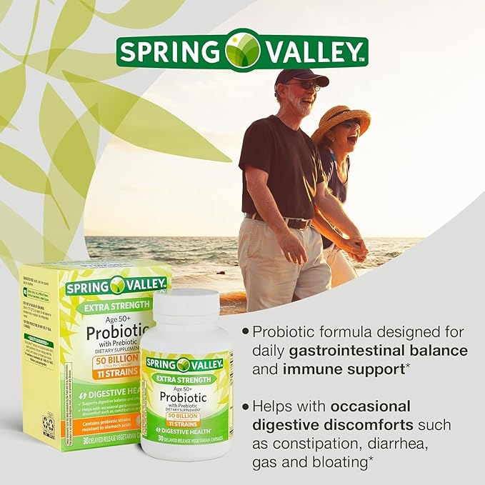 Probiotic | Age 50+ | 50 Billion CFU 11 Strains 30 Capsules | Daily Probiotic Supplement | for Adults 50+ | Spring Valley + Vsl Sticker