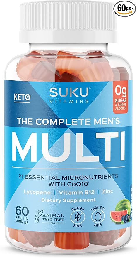 SUKU Men's Daily Multivitamin Gummies – Vitamins A B12 C D3 E Zinc CoQ10 &amp Lycopene – Prostate Heart &amp Immune Support – Sugar-Free Vegan Mixed Fruit Fusion – 60 Count