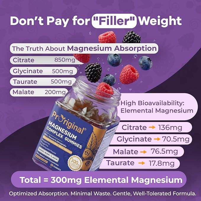 Magnesium Gummies for Stress &amp Sleep - 300mg Magnesium Complex with Glycinate Citrate Malate &amp Taurate - Supports Relaxation Muscle &amp Heart Health - Vegan Sugar-Free Non-GMO - 120 Gum