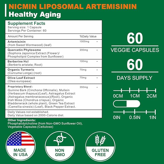 Liposomal Artemisinin Supplement 1000mg Sweet Wormwood Extract with 200mg Quercetin Phytosome Maximum Absorption for Antioxidant 120 Capsules