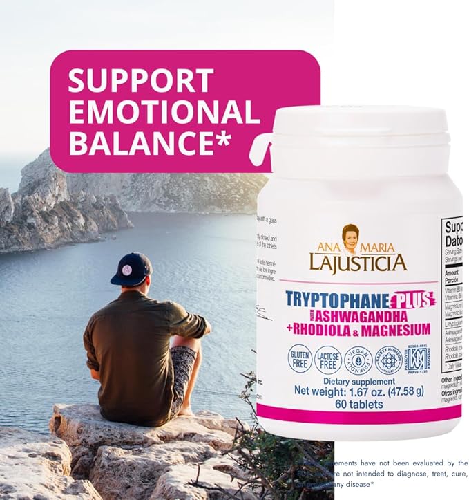 Ana María Lajusticia TRYPTOPHANE Plus ASHWAGANDHA Supplement + RHODIOLA &amp Magnesium 60 TABS Vegan Gluten Free Kosher Halal Lactose Free 600 mg Support Strees Relief Energy and Sleep.