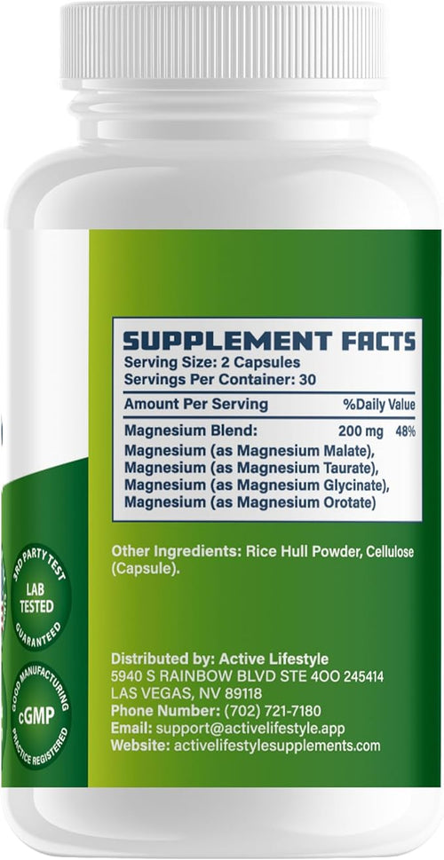 Active Lifestyle 4X Magnesium Supplement Magnesium Glycinate Taurate Malate Orotate Complex Calm Sleep GMO Free Gluten Free Soy Free Dairy Free Lab Tested Made in USA