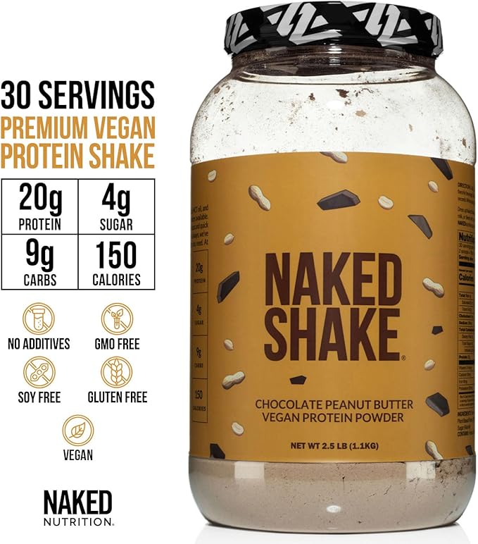 NAKED Shake - Chocolate Peanut Butter Protein Powder - Vegan Protein Powder from US &amp Canadian Farms with MCT Oil NSF Certified Gluten-Free Soy-Free No GMOs or Artificial Sweeteners - 30 Servi