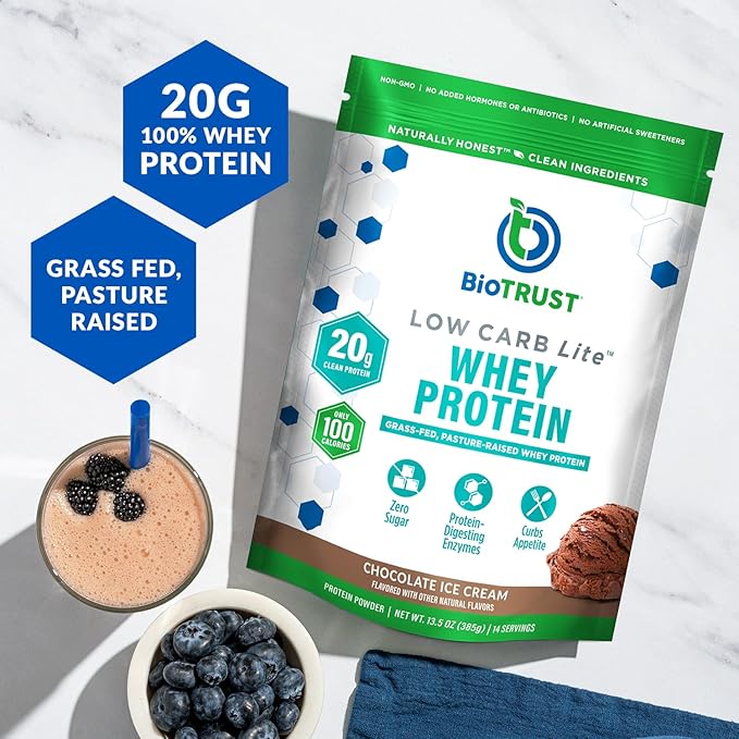 BioTrust Low Carb Lite 20 Grams of Grass-Fed Whey Protein Isolate 100 Calories ProHydrolase Digestive Enzymes Non-GMO Free from Soy and Gluten rBGH-Free (14 Servings) (Chocolate Ice Cream)