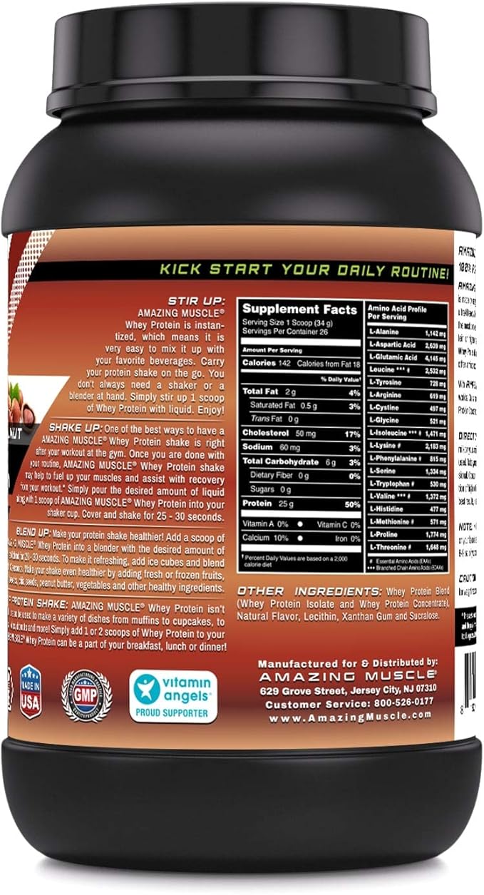 Amazing Muscle Whey Protein Isolate &amp Concentrate Powder | 25 G Protein per Serving | Non-GMO | Gluten-Free (2 LB Hazelnut)