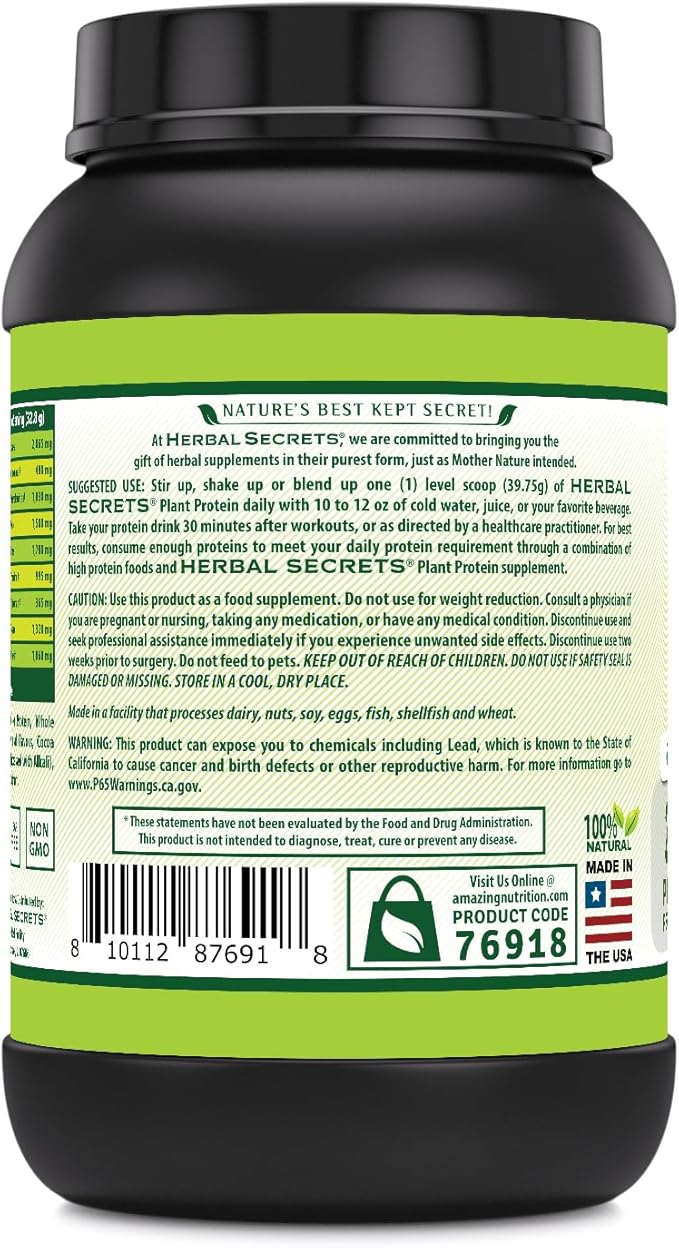 Herbal Secrets Plant Protein 2 Lb Powder | 28 Grams Protein per Serving | 6.1 Grams BCAA | Vegan Supplement | 23 Servings | Made in USA (2 Lb Chocolate)