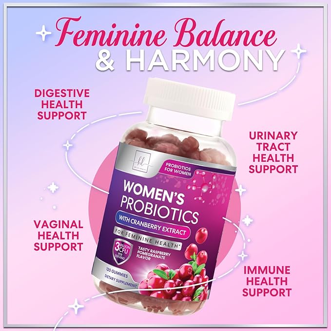 Probiotics for Women Gummies with Cranberry - 6 Premium Strains for PH Balance Digestive Health Vaginal &amp Immune Support 3 Billion CFU Women's Probiotic Gummy for Feminine Health - 120 Gummies