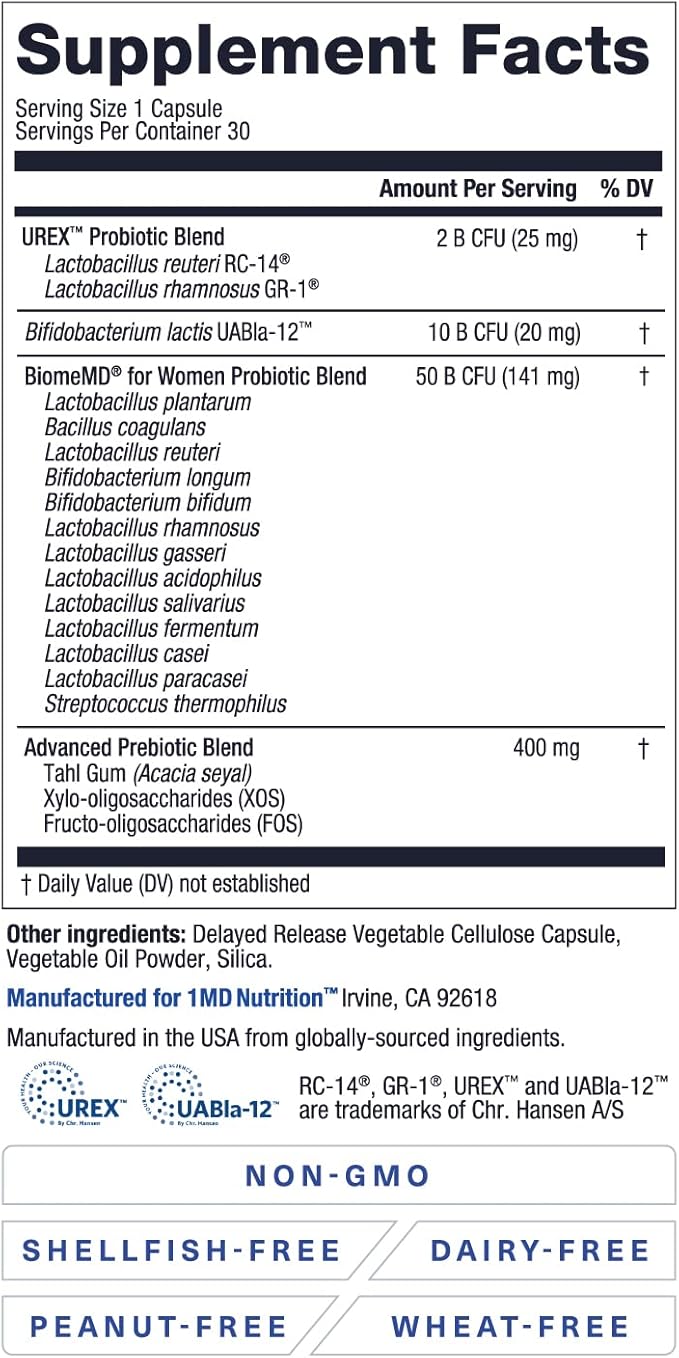 1MD Nutrition BiomeMD Probiotics for Women - 62 Billion CFUs 16 Strains with Prebiotics | Supports Vaginal &amp Urinary Health - Doctor-Formulated | 30 Capsules (2-Pack)