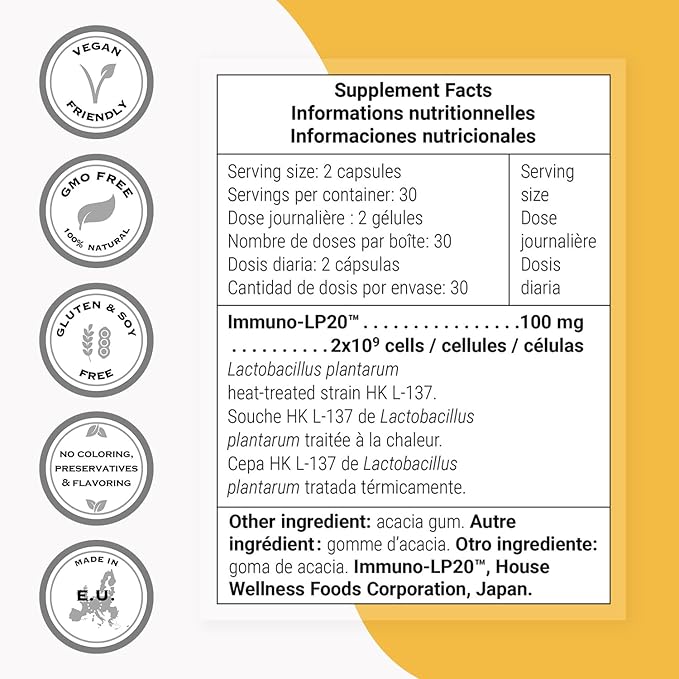 Supersmart - Lactobacillus Plantarum PostBiotic 20 Billion CFU per Day (Immuno-LP20) - Heat-Treated Probiotic Supplement | Non-GMO &amp Gluten Free - 60 Vegetarian Capsules