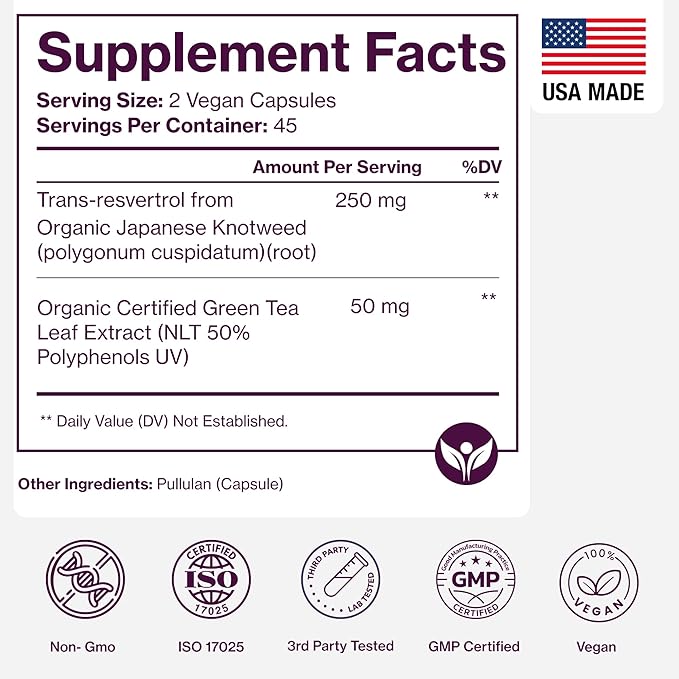 Organic Resveratrol Supplement – Trans-Resveratrol Capsules with Green Tea – Highly Purified &amp Bioavailable - 90 Vegan Caps