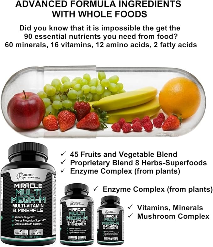 Hybrid Nutraceuticals MEGA-M Multivitamin for Men and Women (+ superfoods Mushrooms and enzymes)