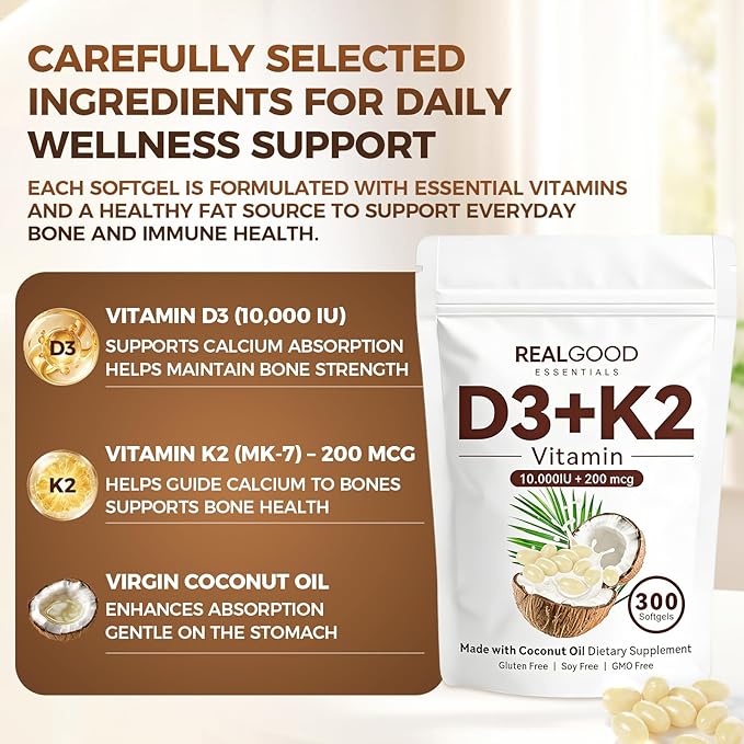 wuliao Real Good Essentials Vitamin D3 K2 10000 iu – 2-in-1 D&ampK Complex Supports Calcium Absorption Immune Health – 300 Softgels (1 Pack)