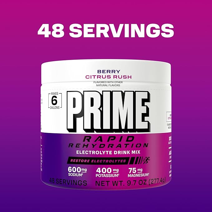 Prime Rapid Rehydration Electrolyte Powder Berry Citrus Rush Sugar Free Hydration Drink Mix with Sodium Potassium Magnesium &amp B Vitamins to Replenish Fluids Caffeine Free 6 Gallon Tub 48 SR