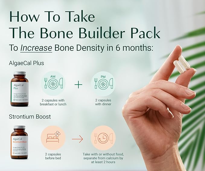 AlgaeCal - Bone Builder Pack for Bone Density Increase Clinically Supported Plant Based Calcium Supplement &amp Strontium Vitamins K2 (100mg) D3 (1600 IU) Magnesium &amp 16 Essential nutrients