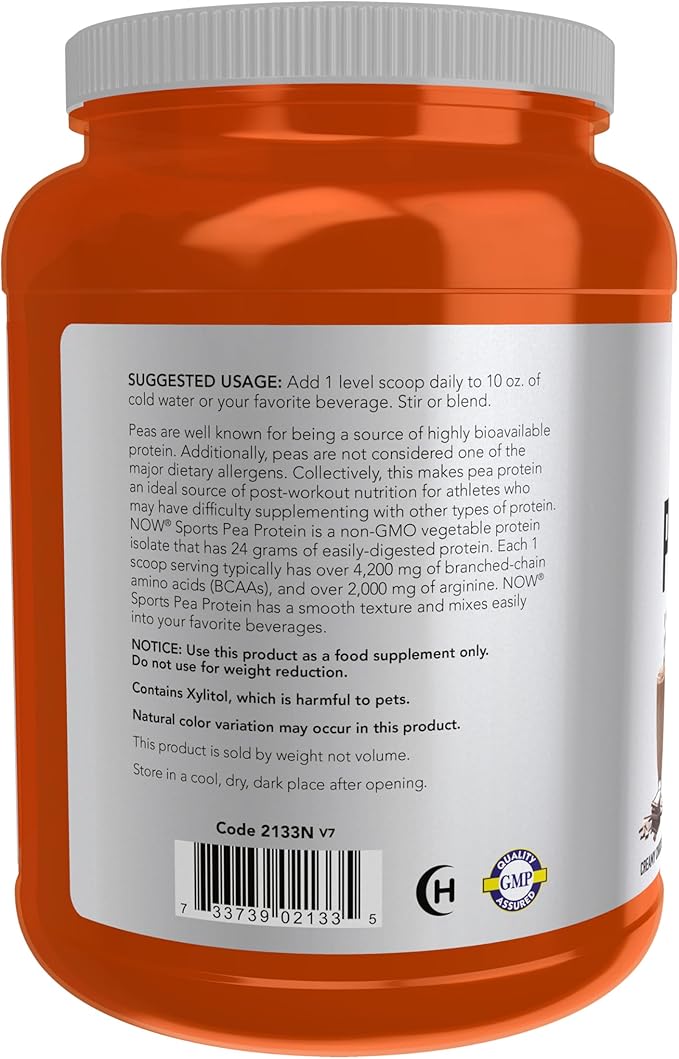 NOW Foods Sports Nutrition Pea Protein 24 g Easily Digested Creamy Chocolate Powder 2-Pound