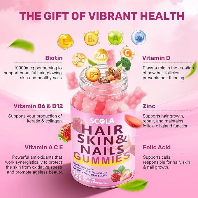 SCOLA Hair Skin and Nails Gummies Biotin (10000mcg) Hair Skin and Nails Vitamins Supplement for Women Men Supports Faster Hair Growth Stronger Nails Healthy Skin 240 Count