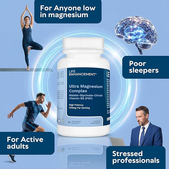 Life Enhancement Ultra Triple Magnesium Complex - 325 mg - with B6 Glycinate Malate &amp Citrate - Magnesium Supplement Enhance Sleep and Brain Function - Made in USA (90 Vegetarian Capsules)