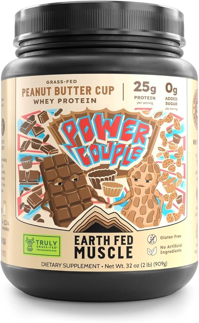 Earth Fed Muscle Power Couple Peanut Butter Chocolate Truly Grass Fed Whey Protein Isolate - Third-Party Certified. No Artificial Ingredients Soy Free Gluten Free Hormone Free 26 Servings
