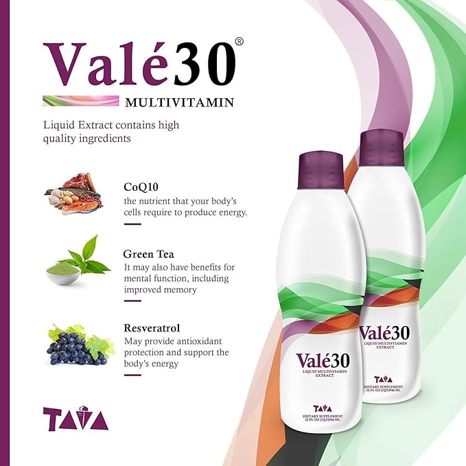 TAVA Valé30 - Liquid Multivitamin - 30-Day Supplement with Vitamin A and B Complex for Men Women and Family Daily Boost Drink - 2 Bottles