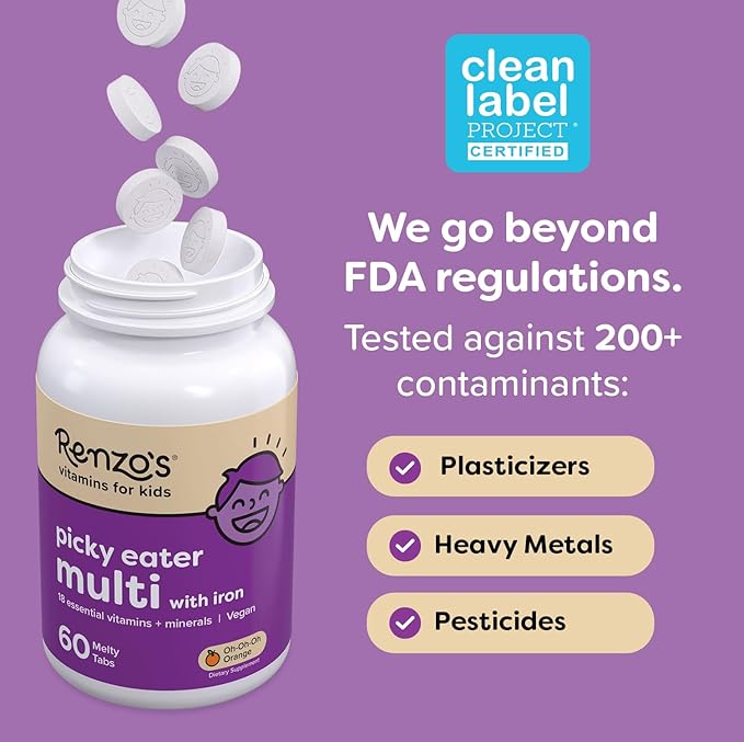 Renzo's Picky Eater Kids Multivitamin with Iron Dissolving Kids Vitamins with Vitamin D3 &amp K2 and More 60 Sugar-Free Melty Tabs Cherry Mo’ Cherry Flavored