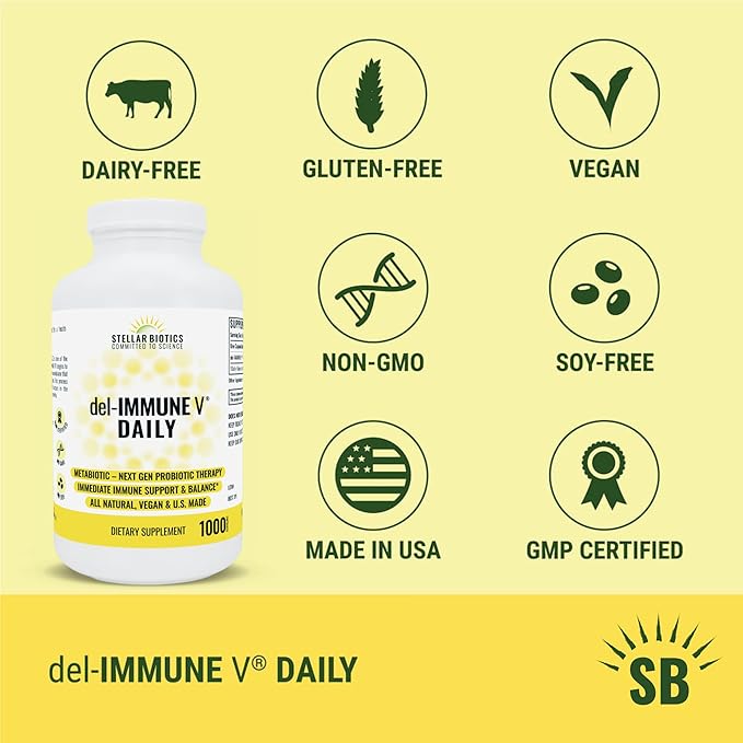 Del-Immune V® Daily by Stellar Biotics All-Natural Immune Support &amp Gut Health Immediate Care Metabiotic: NextGen Probiotic Therapy (1000 Caps)