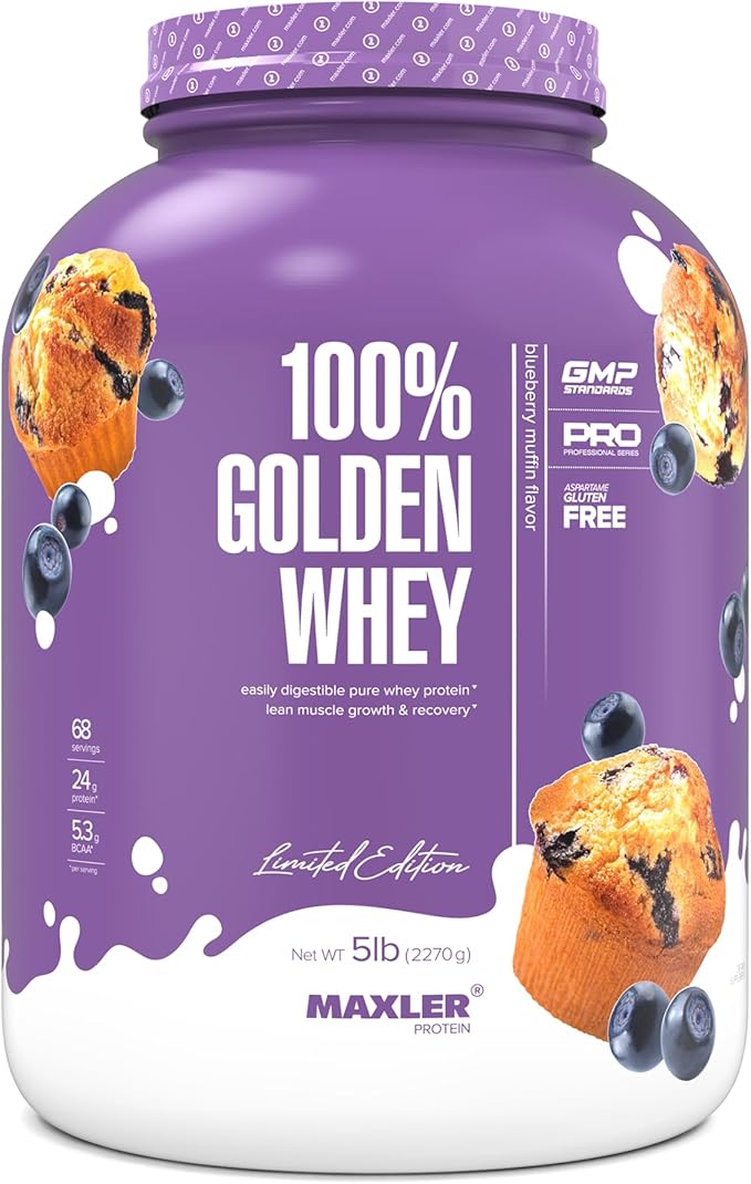 Maxler 100% Golden Whey Protein - 24g of Protein per Serving - Whey Protein Powder for Pre Post Workout - Fast-Absorbing Whey Concentrate Isolate &amp Hydrolysate Blend - Blueberry Muffin 5 lb