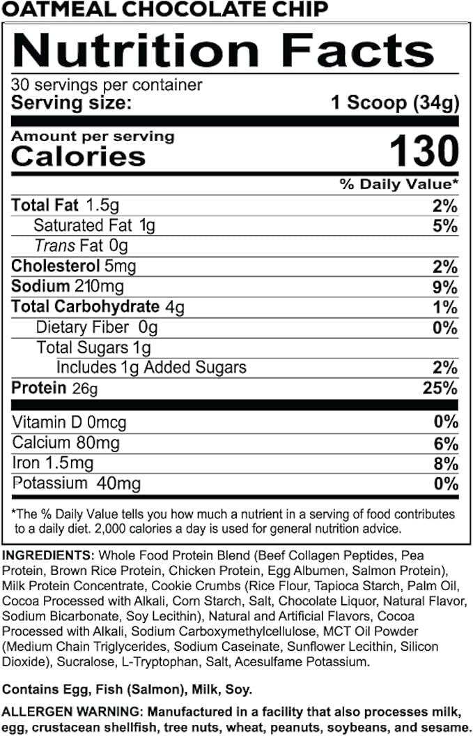 REDCON1 MRE LITE Whole Food Protein Powder Oatmeal Chocolate Chip - Lactose Free Meal Replacement with Animal Protein Blends - Easy to Digest Formula - Only 4g Carb per Serving (30 Servings)