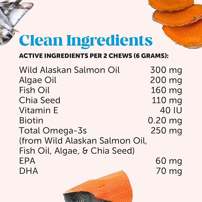 Pet Honesty Omega Skin Health Chews for Dogs Alaskan Salmon Oil Omega-3 Fish Oil Krill Spirulina Omega-3s Healthy Skin &amp Coat Itchy Skin Dog Allergies May Reduce Shedding (90 Count)