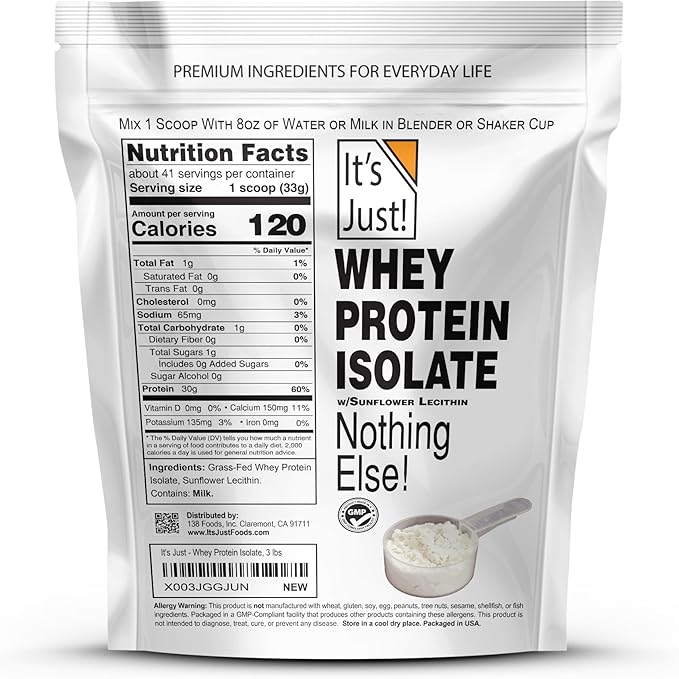 It's Just! - Whey Protein Isolate Ultra Premium Grass-Fed Unflavored Made in USA Pure 90% Protein Only 1g Carb No Added Sugar (3 Pound)