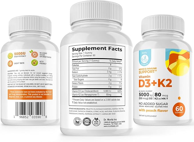 DR. MORITZ Vitamin D3 Gummies (5000 IU) with K2 - for Adults and Kids - Vitamin D3 K2 Gummies for Immune Support &amp Bone Health - Vegan Sugar Free Gluten Free (120 Count)