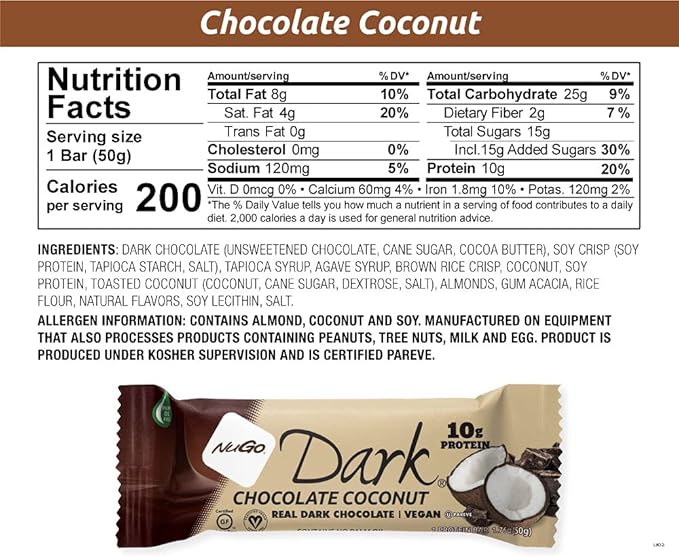 NuGo Dark Chocolate Coconut 10g Protein Bar Vegan Gluten Free Non-GMO Kosher Pareve 12 Count