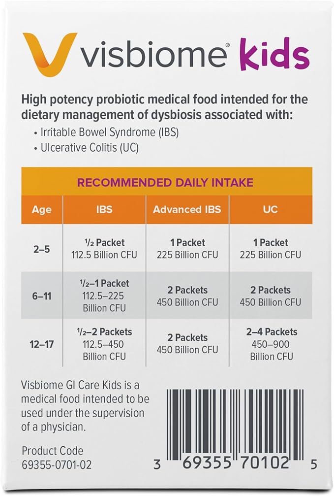 Visbiome® GI Care Kids - High Potency Probiotic for IBS &amp UC Symptoms - Wild Berry Flavor No Dyes- 225 Billion CFU Live Probiotics for Children Cold Chain Shipping 60 Packets