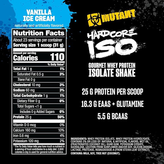 Mutant Hardcore ISO Whey Protein Isolate Powder Acts Fast to Help Recover Build Muscle Bulk and Strength 1.6 lb Vanilla Ice Cream