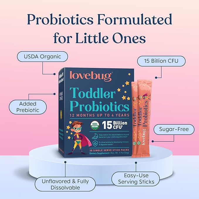 Lovebug Kids Probiotic Powder with Prebiotic Fiber - Toddler Immunity Support &amp Constipation Relief - USDA Organic Probiotics for Childrens Gut &amp Digestive Health (Ages 1-4) - 30 Pack (Unflavo