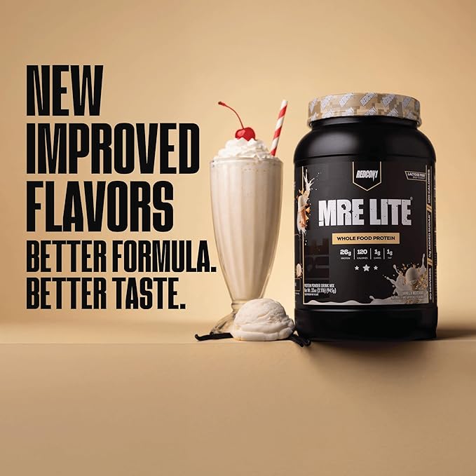 REDCON1 MRE LITE Whole Food Protein Powder Vanilla Milkshake - Lactose Free &amp Sugar Free Meal Replacement with Animal Protein Blends - Easy to Digest Formula - Only 1g Carb per Serving (30 Servin