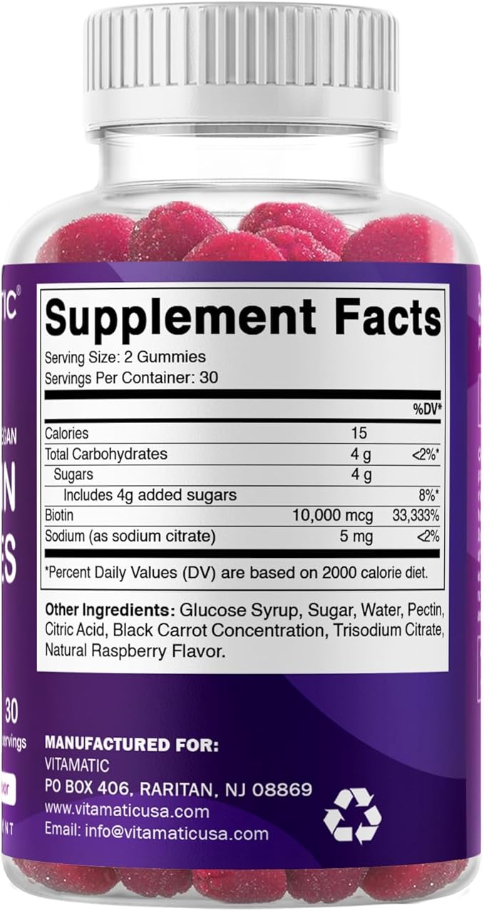 Vitamatic Biotin Gummies 10000 mcg for Stronger Hair Skin &amp Nails - 60 Vegan Gummies - Also Called Vitamin B7 (6 Bottles)