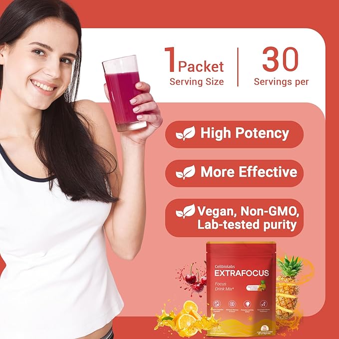 Nootropic Extra Focus Drink Mix 30 Packs On-The-Go Sticks Featuring Alpha-GPC Lion's Mane &amp Rhodiola Sugar-Free Packets Fruit Punch Clean Drink Mix