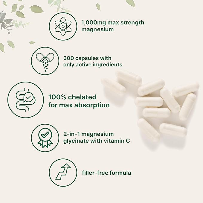 Pure Magnesium Glycinate 1000mg 300 Capsules | 100% Chelated for Max Absorption | Enhanced with Vitamin C | Only Uses Active Ingredients