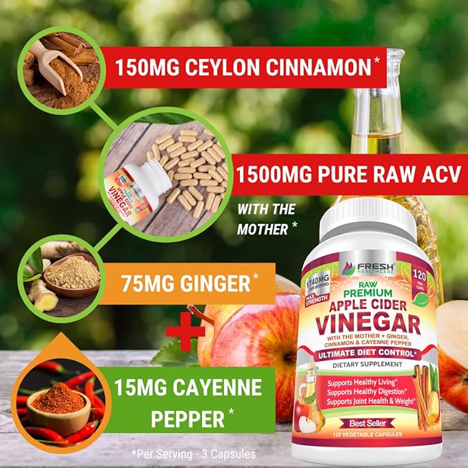 FRESH HEALTHCARE Apple Cider Vinegar Capsules with The Mother - 1740mg Non-GMO Gluten Free ACV Complex with Ceylon Cinnamon Ginger &amp Cayenne for Digestion Support &amp Healthy Living - 120 Vegan