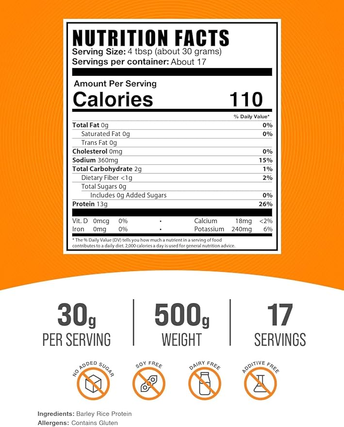 BulkSupplements.com Barley Rice Protein Powder - Vegan Protein Powder Sports Nutrition - Unflavored &amp Dairy Free 30g per Serving 500g (1.1 lbs) (Pack of 1)