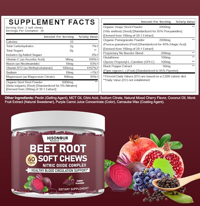 Beetroot Chews Beet Root Soft Chews with Grape Seed Pomegranate Black Pepper Vitamin C B12 Nitric Oxide Supplement for Men &amp Women Cherry Flavor Sugar Free 60 Chews