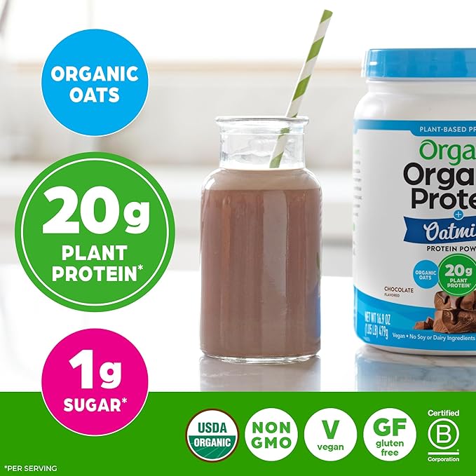 Orgain Organic Vegan Protein Powder + Oat Milk Chocolate - 20g Plant Based Protein Gluten Free No Dairy Soy or Lactose Ingredients Low Sugar Non-GMO Kosher For Shakes &amp Smoothies - 1.05lb